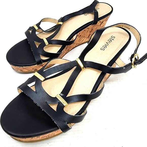 Stevies Other - Stevies Black Cork Wedge Sandals Strappy Low Platform Wedge Women's Gift Size 4
